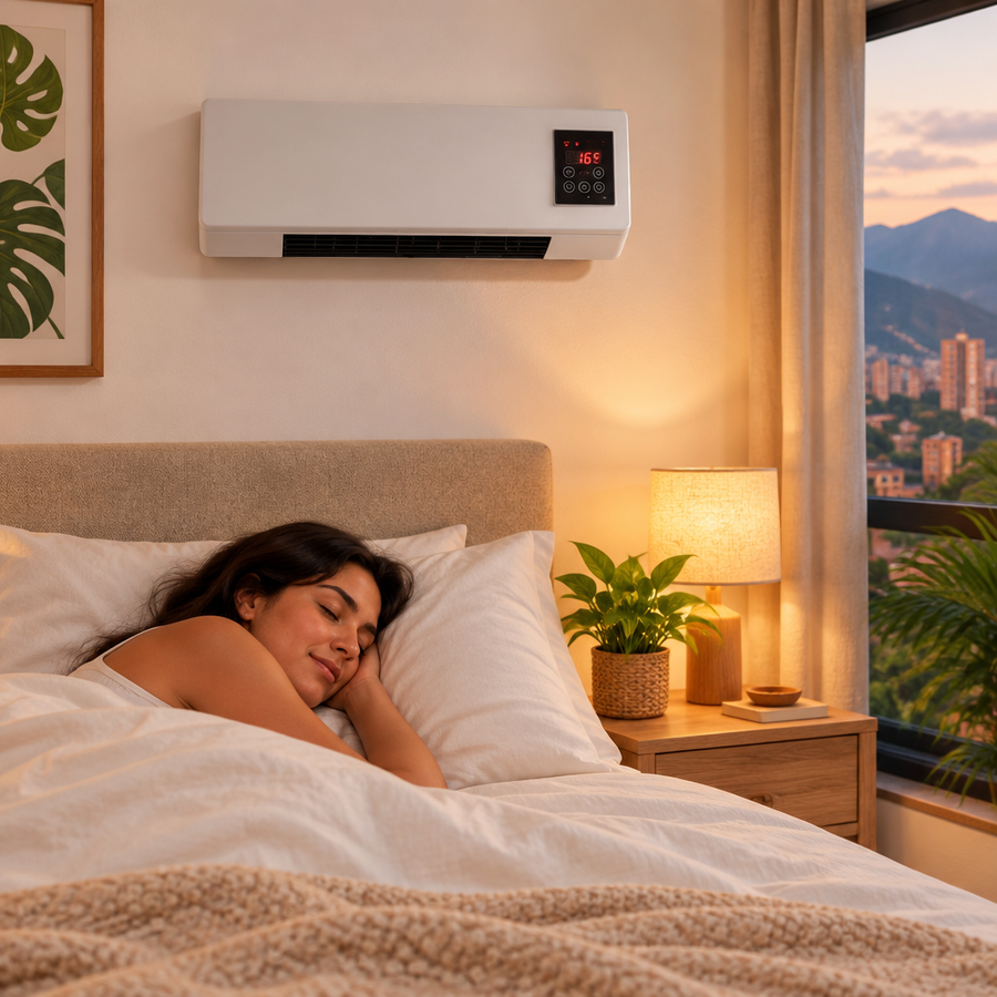 Calefactor de pared Ventto Pro en el cuarto, mujer durmiendo abrigada