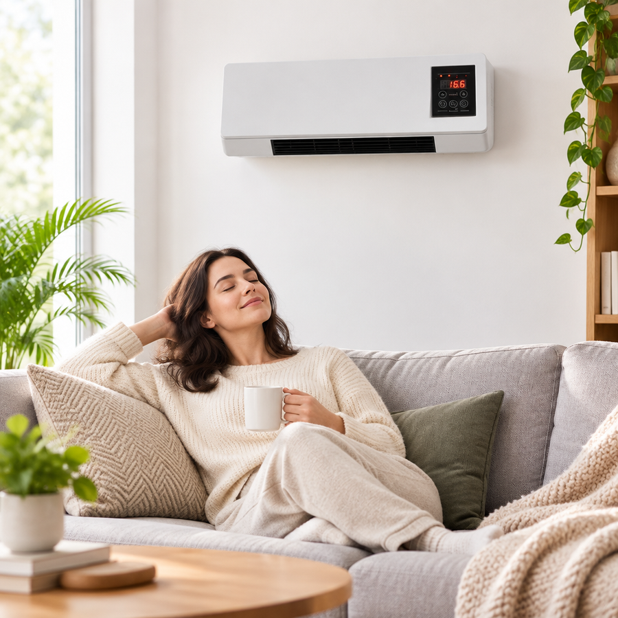 Calefactor de pared Ventto Pro instalado en la sala, mujer descansando con un café